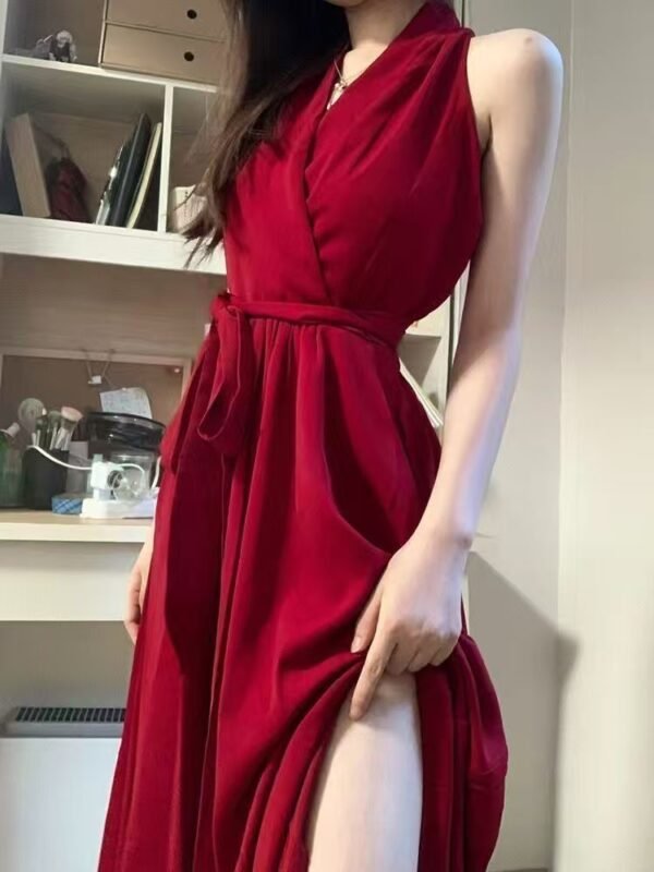 16075#Burgundy Red Halter Neck Maxi Dress — Waist-Tie Flowy Evening Gown