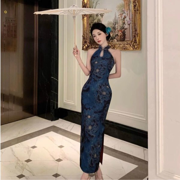 16076#Sapphire Blue Halter Neck Qipao — Sleeveless Embroidered Long Cheongsam
