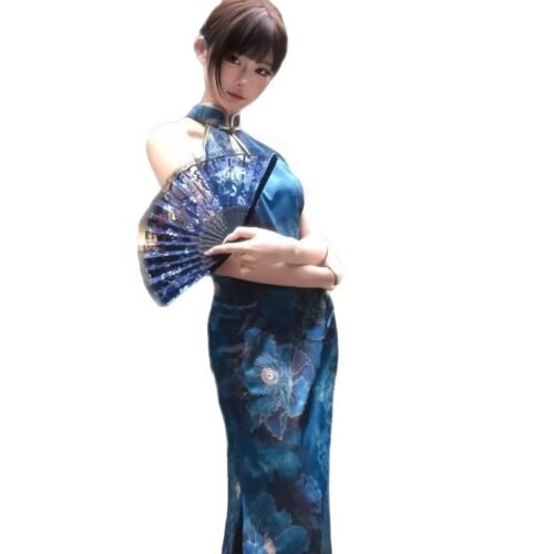 16076#Sapphire Blue Halter Neck Qipao — Sleeveless Embroidered Long Cheongsam