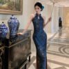 16076#Sapphire Blue Halter Neck Qipao — Sleeveless Embroidered Long Cheongsam