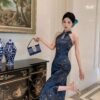16076#Sapphire Blue Halter Neck Qipao — Sleeveless Embroidered Long Cheongsam