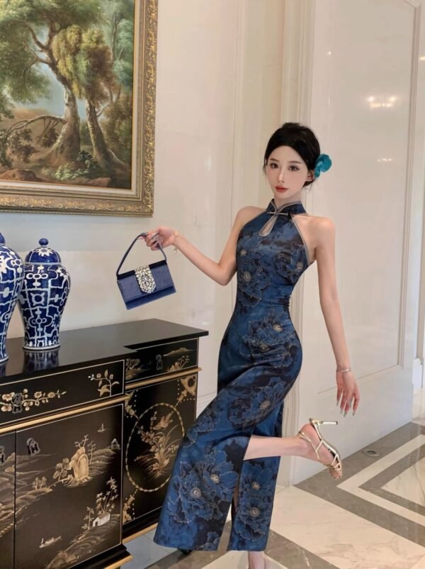 16076#Sapphire Blue Halter Neck Qipao — Sleeveless Embroidered Long Cheongsam