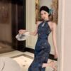 16076#Sapphire Blue Halter Neck Qipao — Sleeveless Embroidered Long Cheongsam