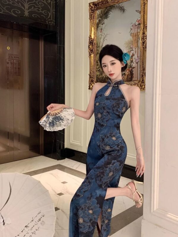 16076#Sapphire Blue Halter Neck Qipao — Sleeveless Embroidered Long Cheongsam