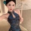 16076#Sapphire Blue Halter Neck Qipao — Sleeveless Embroidered Long Cheongsam