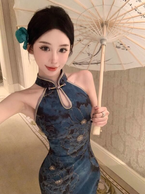 16076#Sapphire Blue Halter Neck Qipao — Sleeveless Embroidered Long Cheongsam