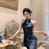 16076#Sapphire Blue Halter Neck Qipao — Sleeveless Embroidered Long Cheongsam