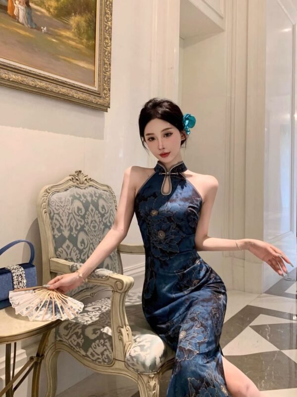 16076#Sapphire Blue Halter Neck Qipao — Sleeveless Embroidered Long Cheongsam