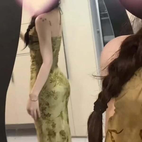 16079#Olive Green Floral Slip Midi Dress — Halter Neck Ruched Elegant Dress