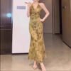 16079#Olive Green Floral Slip Midi Dress — Halter Neck Ruched Elegant Dress