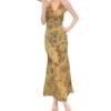 16079#Olive Green Floral Slip Midi Dress — Halter Neck Ruched Elegant Dress