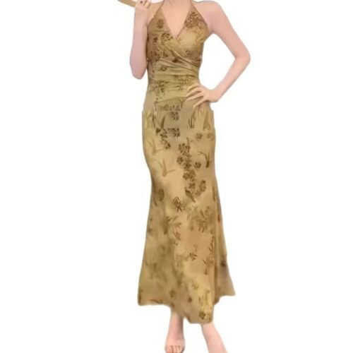 16079#Olive Green Floral Slip Midi Dress — Halter Neck Ruched Elegant Dress