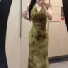 16079#Olive Green Floral Slip Midi Dress — Halter Neck Ruched Elegant Dress