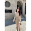 16080#Beige Ruched Bodycon Mini Dress with Matching Long Cardigan