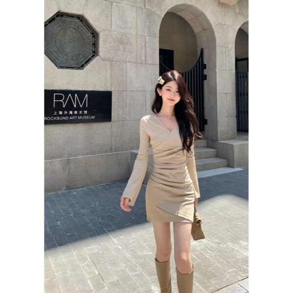 16080#Beige Ruched Bodycon Mini Dress with Matching Long Cardigan