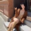 16080#Beige Ruched Bodycon Mini Dress with Matching Long Cardigan