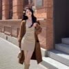 16080#Beige Ruched Bodycon Mini Dress with Matching Long Cardigan