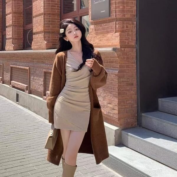 16080#Beige Ruched Bodycon Mini Dress with Matching Long Cardigan