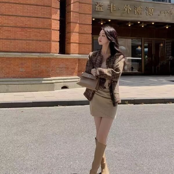 16080#Beige Ruched Bodycon Mini Dress with Matching Long Cardigan