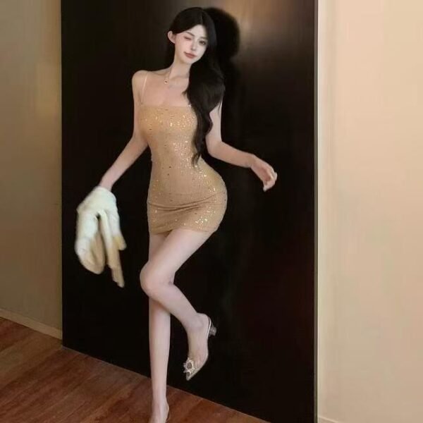 16081#Champagne Gold Strapless Bodycon Dress — Glitter Knit Evening Midi