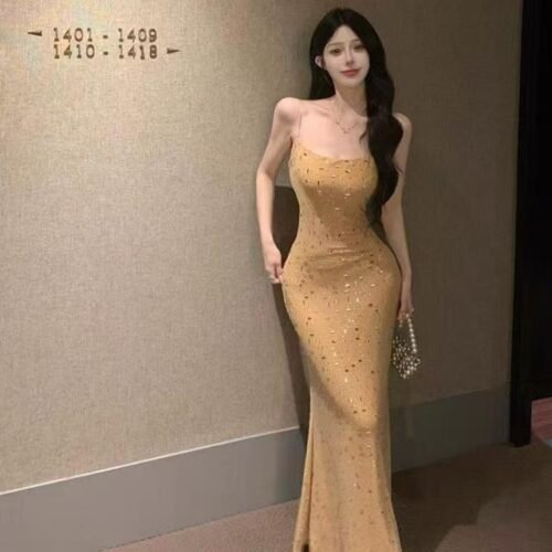 16081#Champagne Gold Strapless Bodycon Dress — Glitter Knit Evening Midi