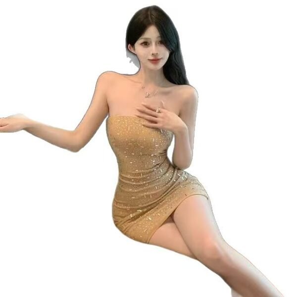16081#Champagne Gold Strapless Bodycon Dress — Glitter Knit Evening Midi