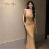16081#Champagne Gold Strapless Bodycon Dress — Glitter Knit Evening Midi
