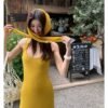 16082#Golden Yellow Sleeveless Maxi Dress with Matching Scarf — Elegant Slim Fit