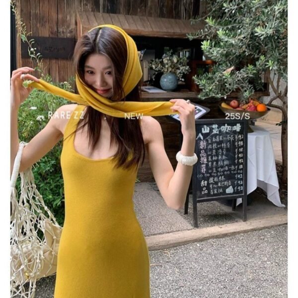 16082#Golden Yellow Sleeveless Maxi Dress with Matching Scarf — Elegant Slim Fit