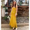 16082#Golden Yellow Sleeveless Maxi Dress with Matching Scarf — Elegant Slim Fit