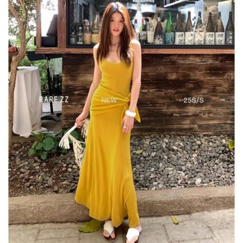 16082#Golden Yellow Sleeveless Maxi Dress with Matching Scarf — Elegant Slim Fit