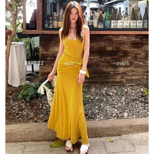 16082#Golden Yellow Sleeveless Maxi Dress with Matching Scarf — Elegant Slim Fit