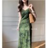 16083#Vintage Green Floral Slip Dress — V-Neck Midi Dress with Optional Shrug