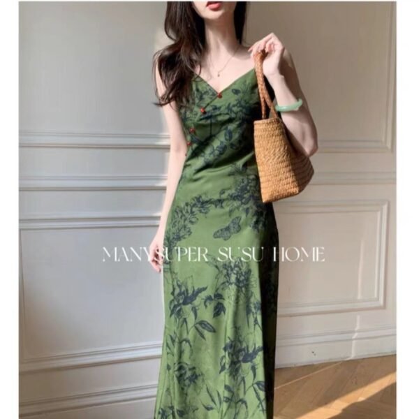 16083#Vintage Green Floral Slip Dress — V-Neck Midi Dress with Optional Shrug