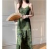 16083#Vintage Green Floral Slip Dress — V-Neck Midi Dress with Optional Shrug