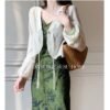 16083#Vintage Green Floral Slip Dress — V-Neck Midi Dress with Optional Shrug
