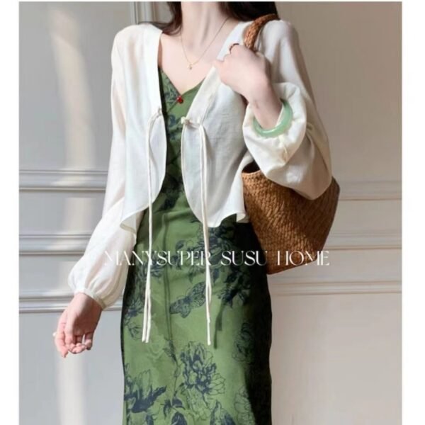 16083#Vintage Green Floral Slip Dress — V-Neck Midi Dress with Optional Shrug