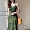 16083#Vintage Green Floral Slip Dress — V-Neck Midi Dress with Optional Shrug