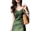 16083#Vintage Green Floral Slip Dress — V-Neck Midi Dress with Optional Shrug