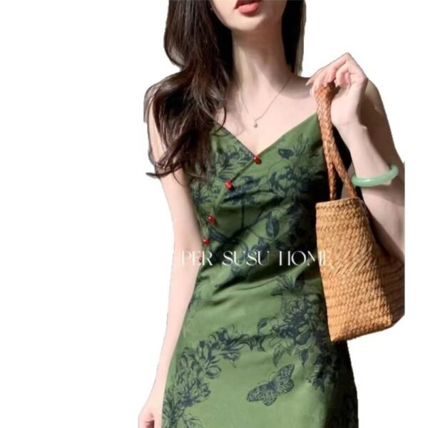 16083#Vintage Green Floral Slip Dress — V-Neck Midi Dress with Optional Shrug