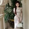 16084#Elegant Floral Qipao — Modern Slim-Fit Cheongsam Maxi Dress