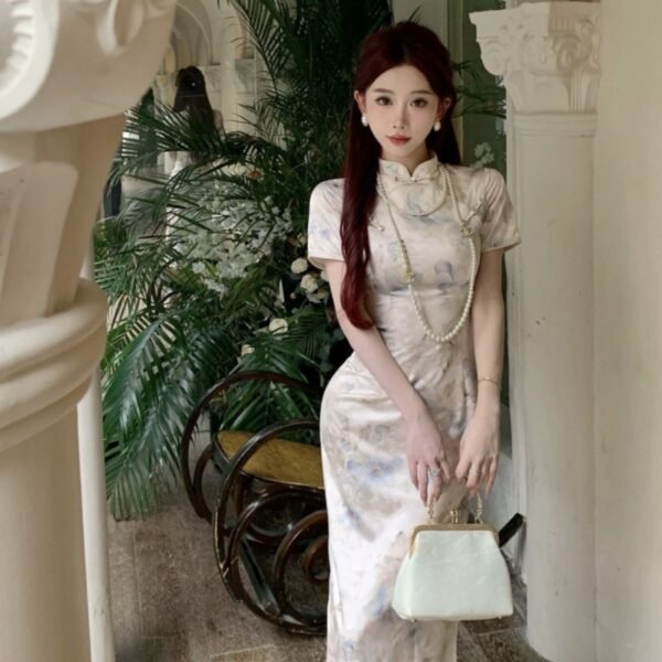 16084#Elegant Floral Qipao — Modern Slim-Fit Cheongsam Maxi Dress