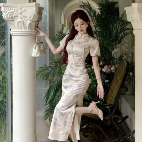 16084#Elegant Floral Qipao — Modern Slim-Fit Cheongsam Maxi Dress
