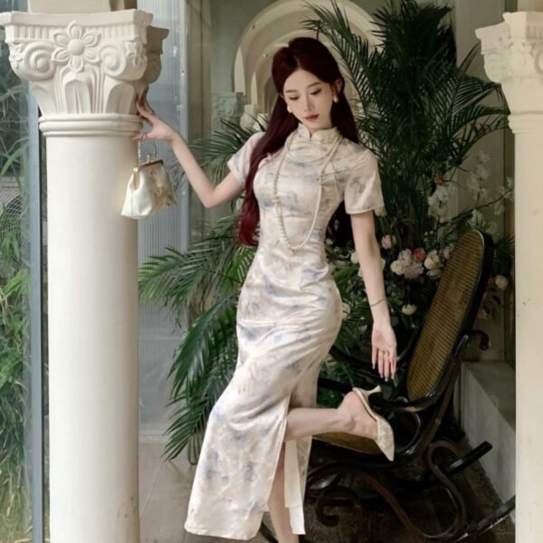 16084#Elegant Floral Qipao — Modern Slim-Fit Cheongsam Maxi Dress