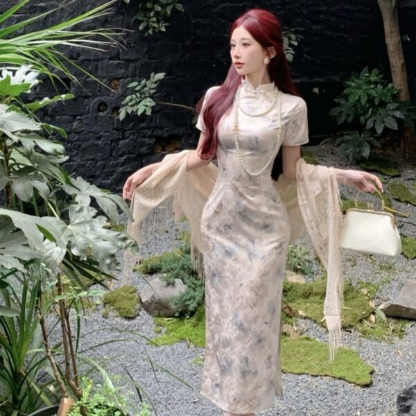 16084#Elegant Floral Qipao — Modern Slim-Fit Cheongsam Maxi Dress
