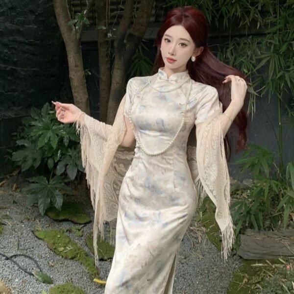 16084#Elegant Floral Qipao — Modern Slim-Fit Cheongsam Maxi Dress