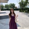 16085#Deep Purple V-Neck Slip Dress — Elegant Waisted Flowy Maxi