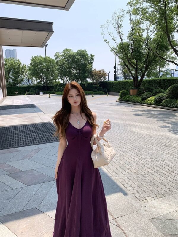 16085#Deep Purple V-Neck Slip Dress — Elegant Waisted Flowy Maxi