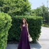 16085#Deep Purple V-Neck Slip Dress — Elegant Waisted Flowy Maxi
