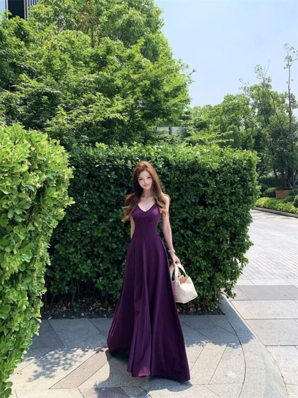 16085#Deep Purple V-Neck Slip Dress — Elegant Waisted Flowy Maxi